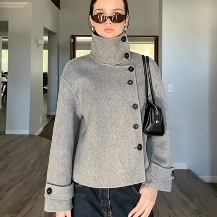 Women's Short Wool Blend Coat with Asymmetrical Button Placket and High Standing Collar EVA-US