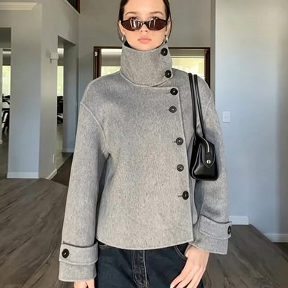 Women's Short Wool Blend Coat with Asymmetrical Button Placket and High Standing Collar EVA-US