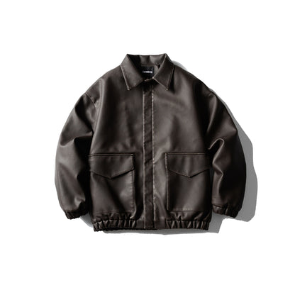 Men's Oversized Faux Leather Bomber Jacket with Flap Pockets, Concealed Closure and Elastic Hem EVA-US