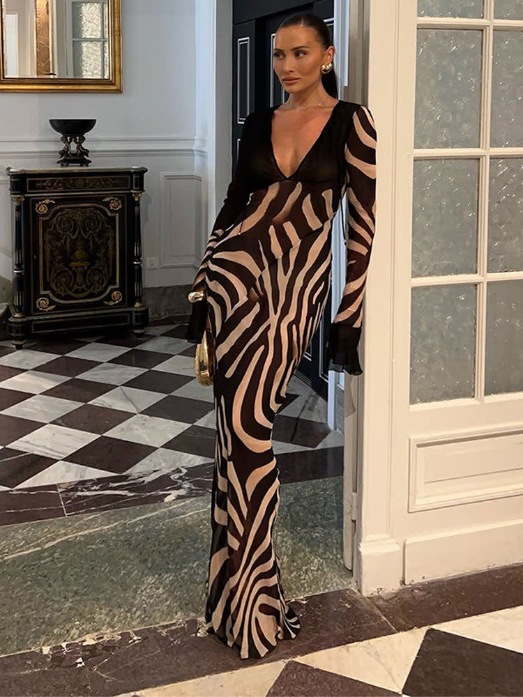 Women's figure-hugging mesh maxi dress with deep V-neck and graphic zebra print EVA-US