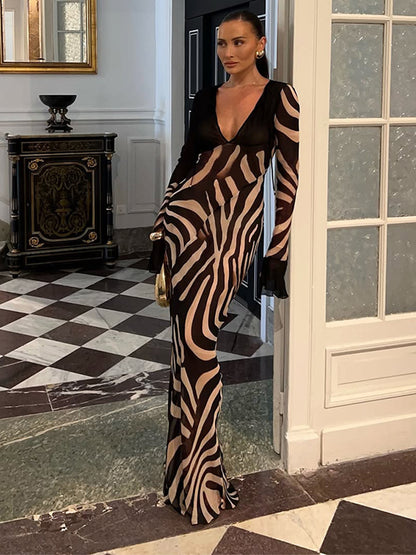 Women's figure-hugging mesh maxi dress with deep V-neck and graphic zebra print EVA-US
