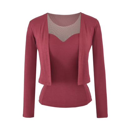 Ladies Two-Piece Fine Knit Top Set with Mesh Insert and Open Cardigan EVA-US