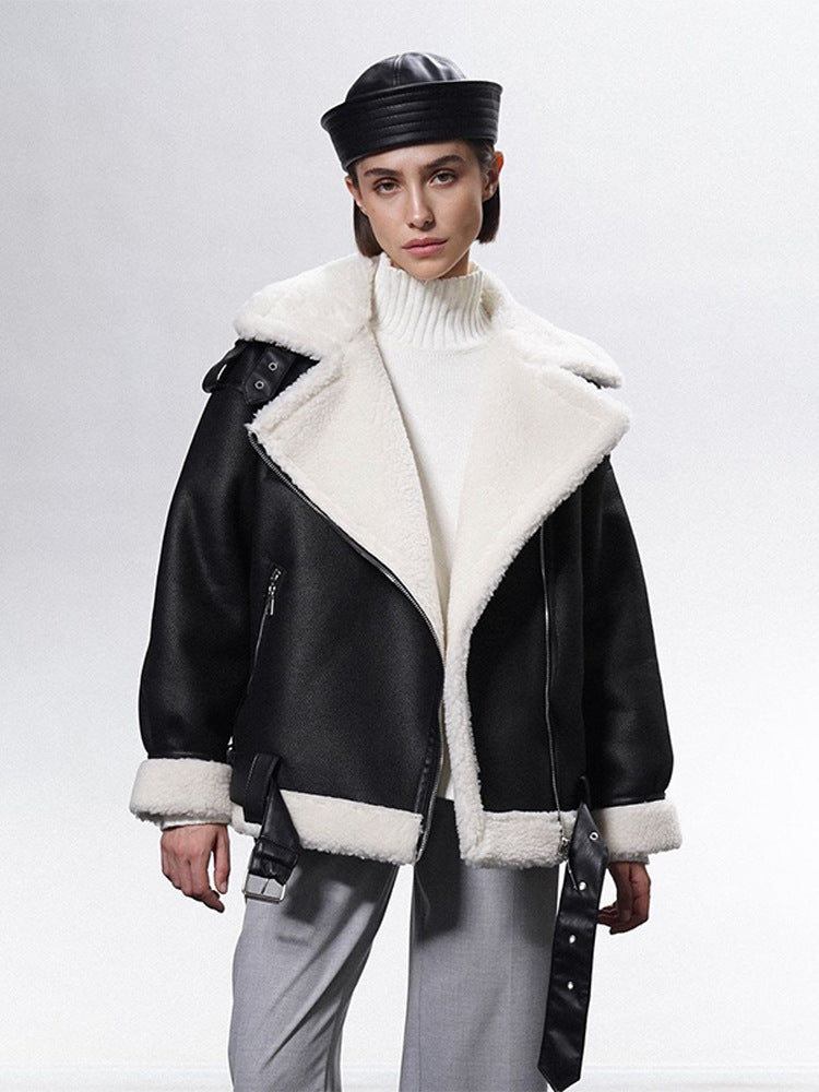Women's Oversized Biker Jacket with Teddy Fur Lining and Adjustable Belts EVA-US