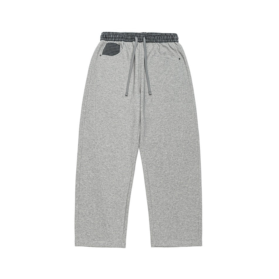 Women's Cropped Relaxed Jogging Pants with Elastic Drawstring, Check Detail, and Decorative Seams