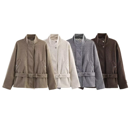 Women’s short jacket in a boxy cut made of wool blend with stand-up collar and waist belt EVA-US