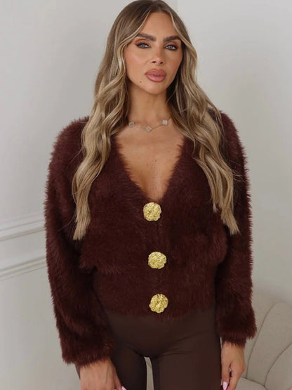 Ladies Fluffy Short Jacket with V-Neck and Metallic Decorative Buttons EVA-US