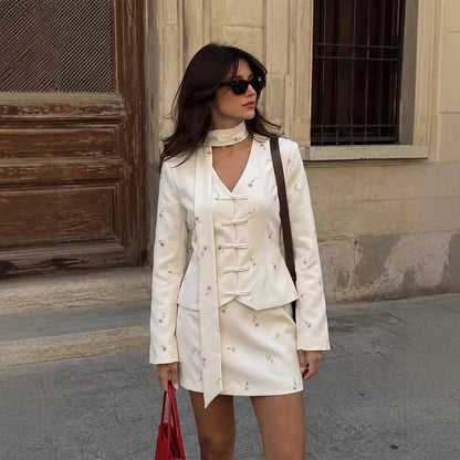 Women's Tailored Blazer with Mandarin Collar, Decorative Knot Closures and Matching Mini Skirt EVA-US