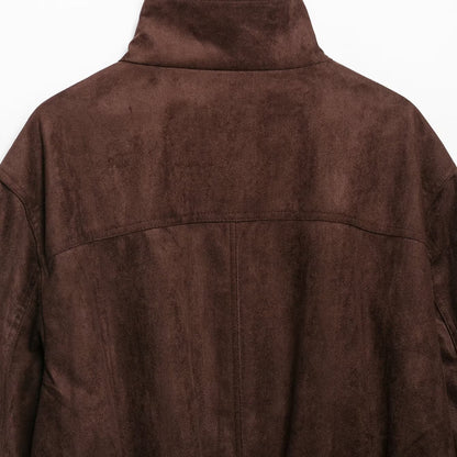 Women's suede look bomber jacket with funnel neck and elastic hem