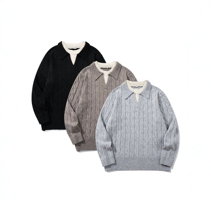 Unisex Structured Cable Knit Sweater with Polo Collar and Deep V-Neck EVA-US
