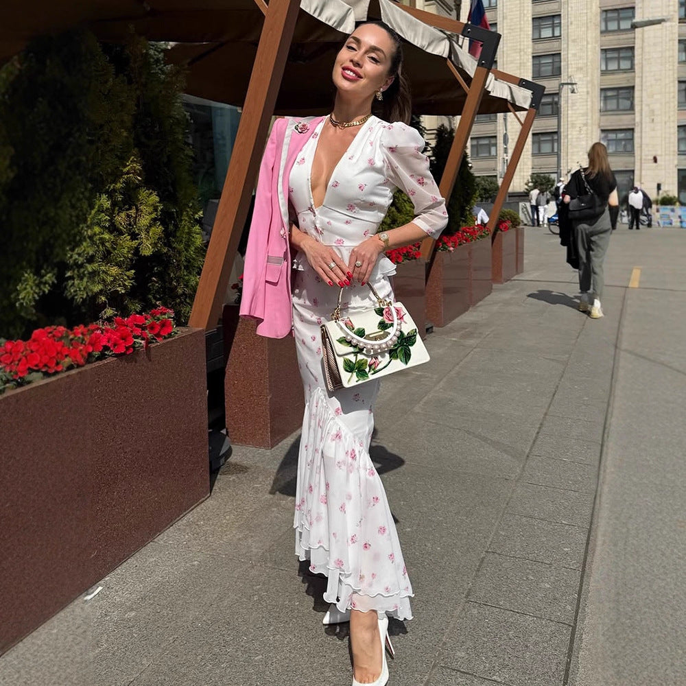 Women Floral Satin Midi Dress with Deep V-Neck, Puff Sleeves and Tapered Gather EVA-US