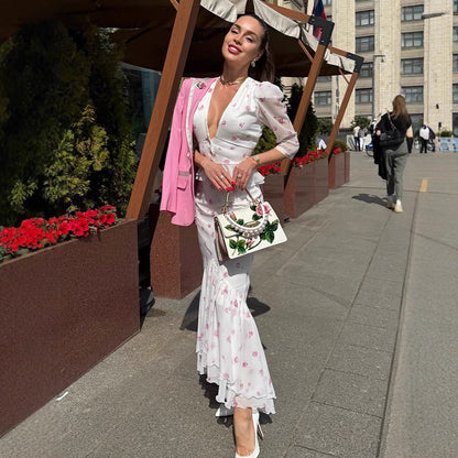 Women Floral Satin Midi Dress with Deep V-Neck, Puff Sleeves and Tapered Gather EVA-US