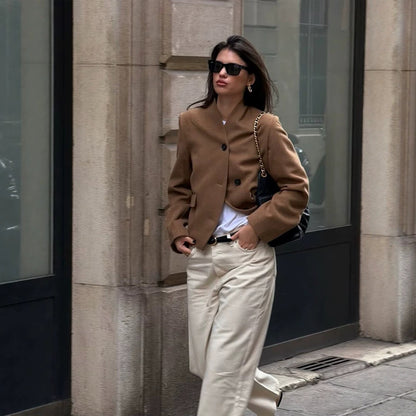 Women's short blazer made of wool blend with stand-up collar, boxy silhouette & three buttons EVA-US