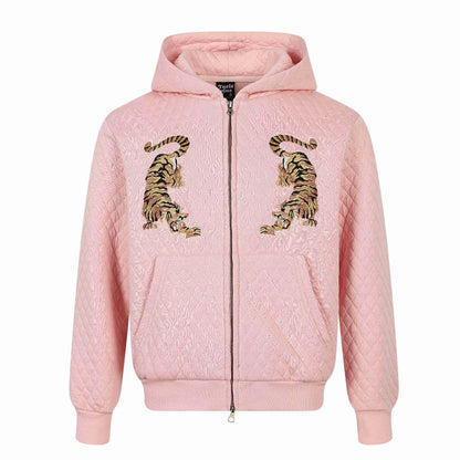 Unisex Quilted Hooded Jacket with Zipper, Kangaroo Pocket and Reflective Tiger Embroidery EVA-US