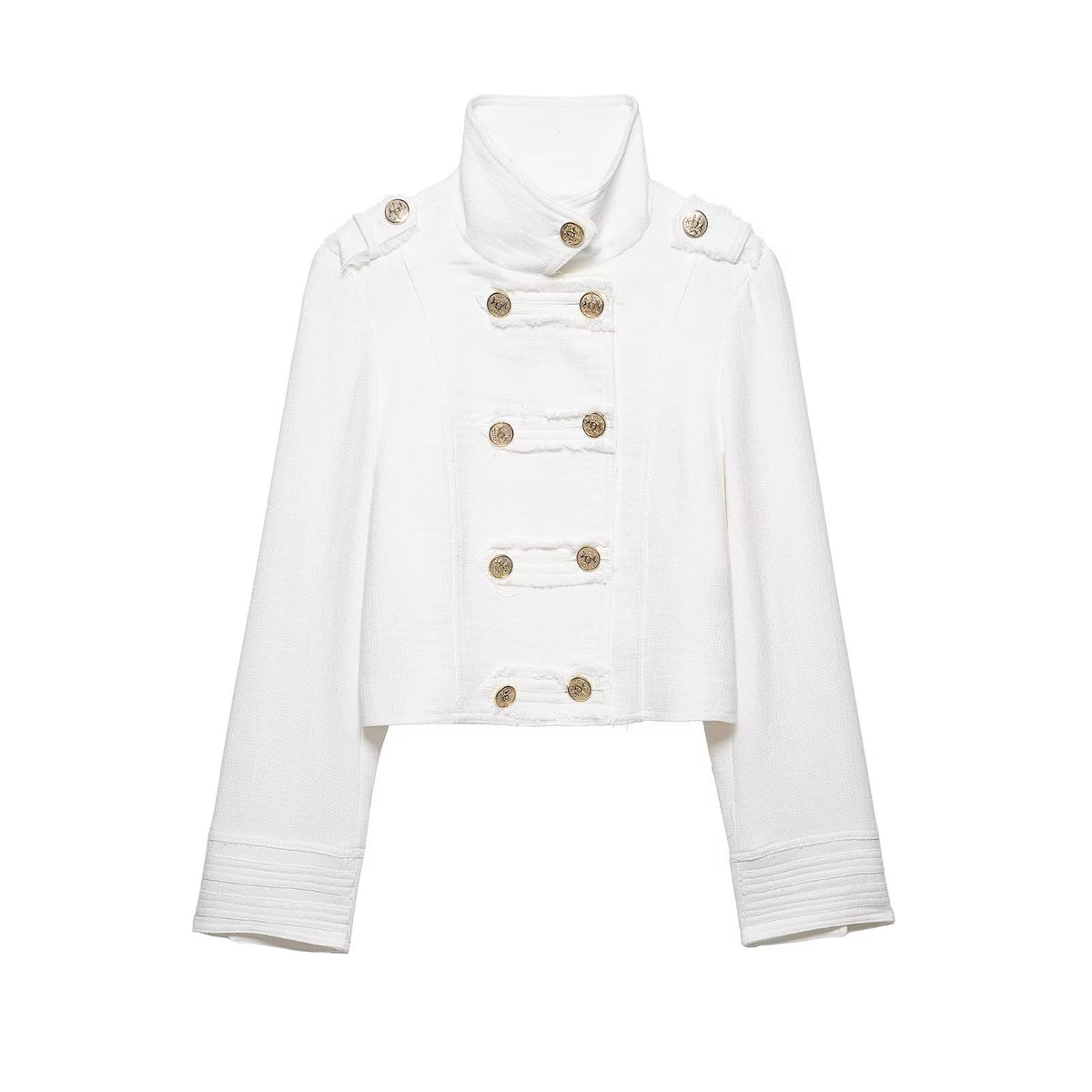 Ladies short jacket in nautical style with double-breasted decorative button placket and stand-up collar EVA-US