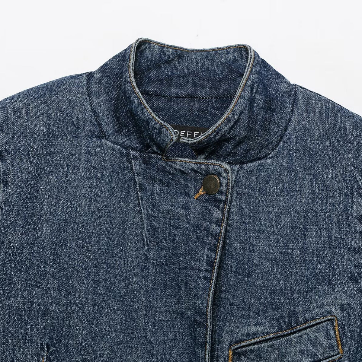 Women's Cropped Denim Jacket in Boxy Cut with Stand Collar and Concealed Button Placket EVA-US