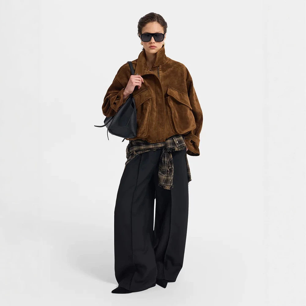 Women's Oversize Suede Blouson with Large Flap Pockets and Stand-Up Collar EVA-US