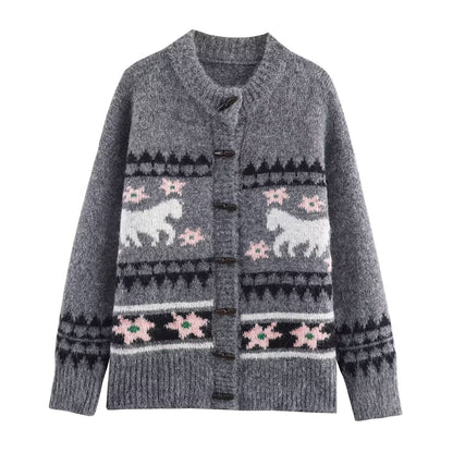 Women's Two-Piece Knit Set with Norwegian Pattern Cardigan and Flared Skirt EVA-US