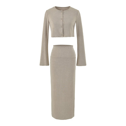 Ladies' cropped set made of fine knit with button cardigan and figure-hugging maxi skirt EVA-US