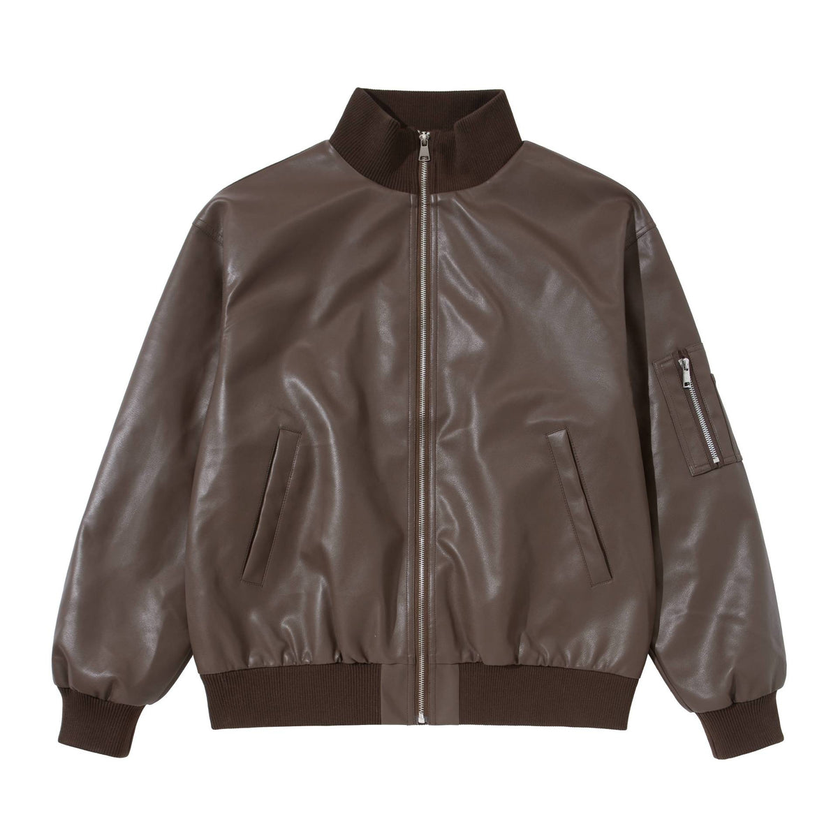 Men's faux leather bomber jacket in boxy cut with high ribbed collar and sleeve utility pocket EVA-US