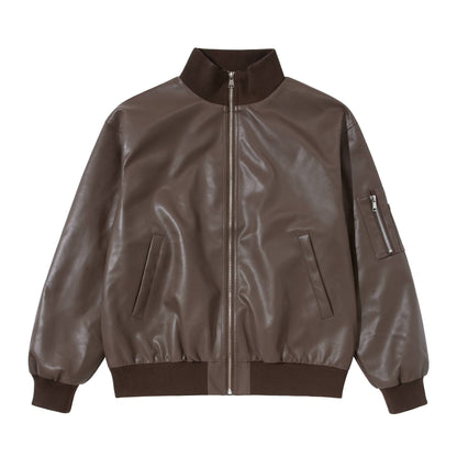 Men's faux leather bomber jacket in boxy cut with high ribbed collar and sleeve utility pocket EVA-US