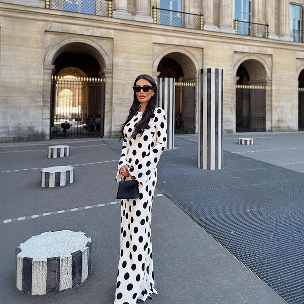 Women's Figure-Hugging Polka Dot Maxi Dress with Trumpet Sleeves & Round Neckline EVA-US