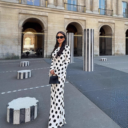 Women's Figure-Hugging Polka Dot Maxi Dress with Trumpet Sleeves & Round Neckline EVA-US