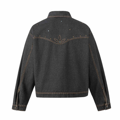 Unisex Boxy-Jeans Jacket with Star Embroidery and Decorative Studs EVA-US