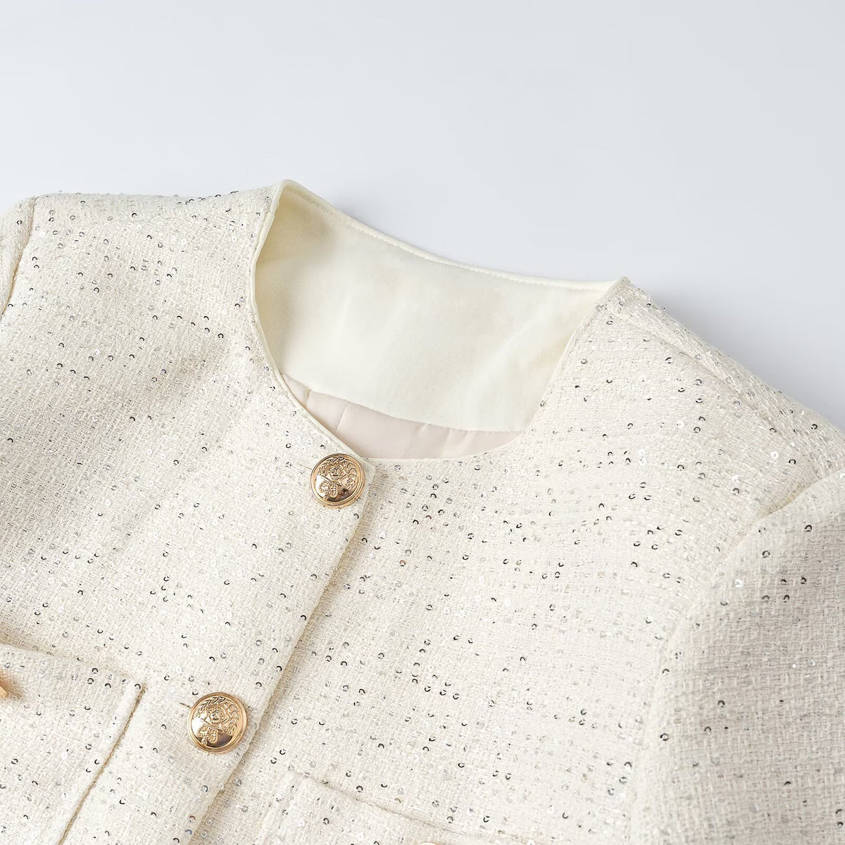 Women Short-Cut Tweed Jacket in Boucle Look with Round Neckline, Decorative Buttons and Flap Pockets EVA-US