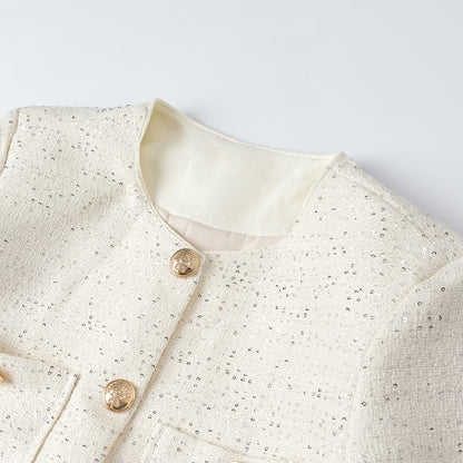 Women Short-Cut Tweed Jacket in Boucle Look with Round Neckline, Decorative Buttons and Flap Pockets EVA-US