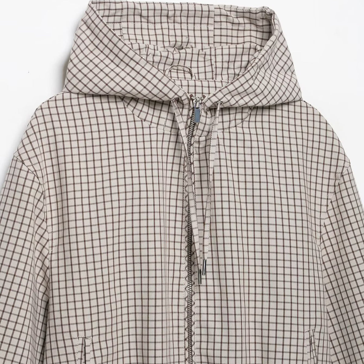 Women Lightweight Hooded Jacket in Check Pattern with Drawstring Hem and Elastic Cuffs EVA-US