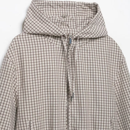 Women Lightweight Hooded Jacket in Check Pattern with Drawstring Hem and Elastic Cuffs EVA-US