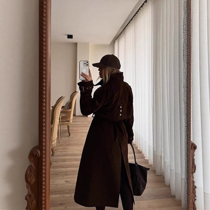 Women's maxi long trench coat in velour look with double-breasted button placket and oversized cut EVA-US