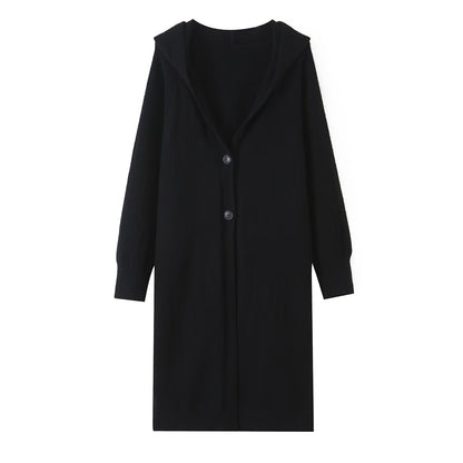 Women Long Hooded Cardigan with Full Button Placket and Ribbed Cuffs EVA-US