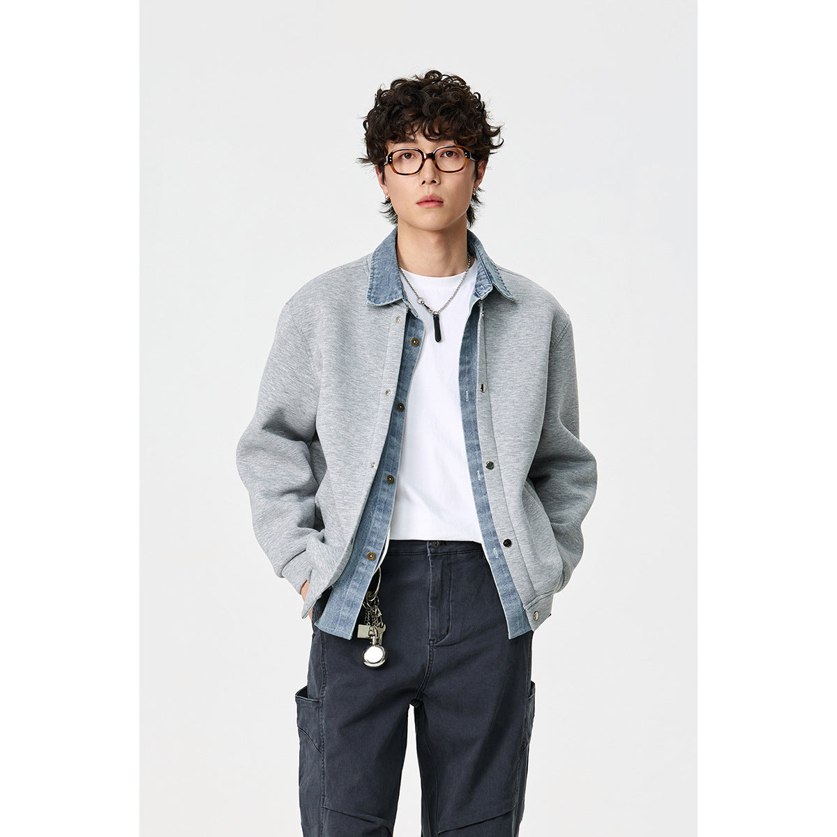 Unisex Layered Look Boxy Blouson with integrated Denim Collar and Snap Button Placket EVA-US