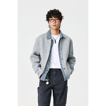 Unisex Layered Look Boxy Blouson with integrated Denim Collar and Snap Button Placket EVA-US