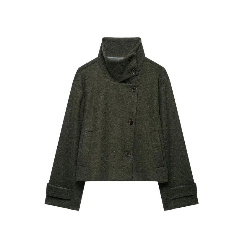Women's Cropped Wool Blend Short Jacket with High Stand Collar, Asymmetric Button Placket and Cuffed Sleeves EVA-US