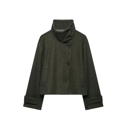 Women's Cropped Wool Blend Short Jacket with High Stand Collar, Asymmetric Button Placket and Cuffed Sleeves EVA-US