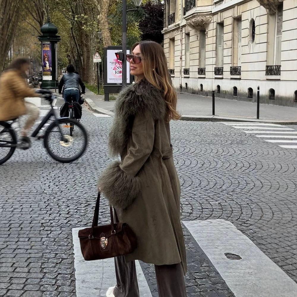Ladies mid-length wrap coat in faux suede with oversized fur collar and voluminous fur cuffs EVA-US