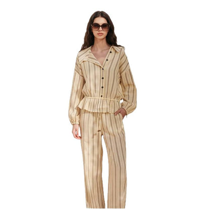 Women Striped Two-Piece Loungewear Set with Oversized Shirt Jacket and Drawstring Pants EVA-US