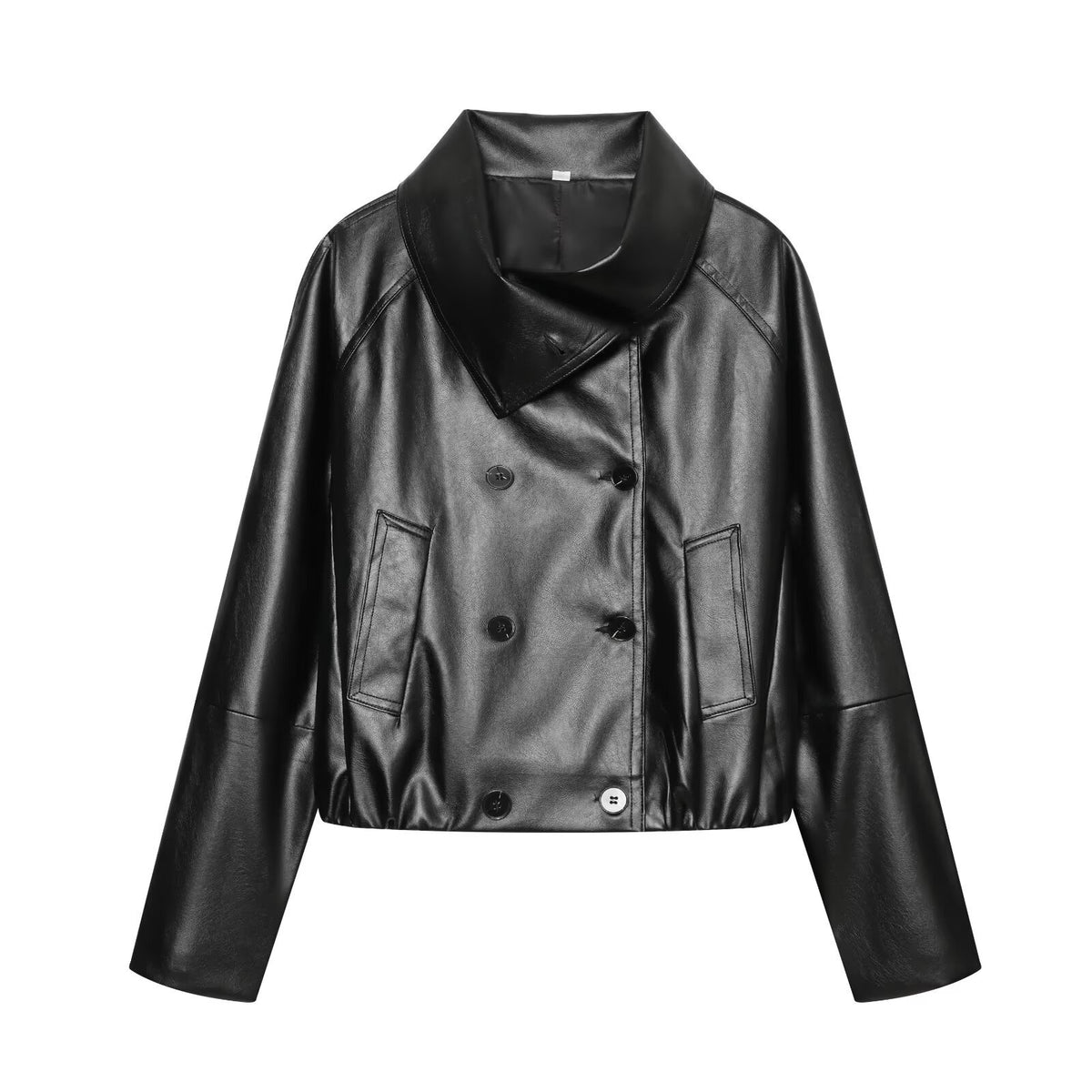 Women's Cropped Faux Leather Jacket with Wide Funnel Collar and Double-Breasted Button Placket EVA-US
