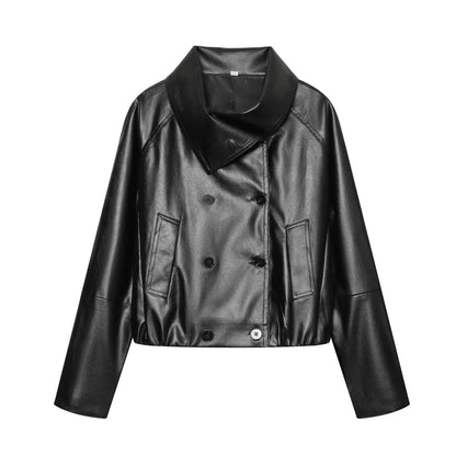 Women's Cropped Faux Leather Jacket with Wide Funnel Collar and Double-Breasted Button Placket EVA-US