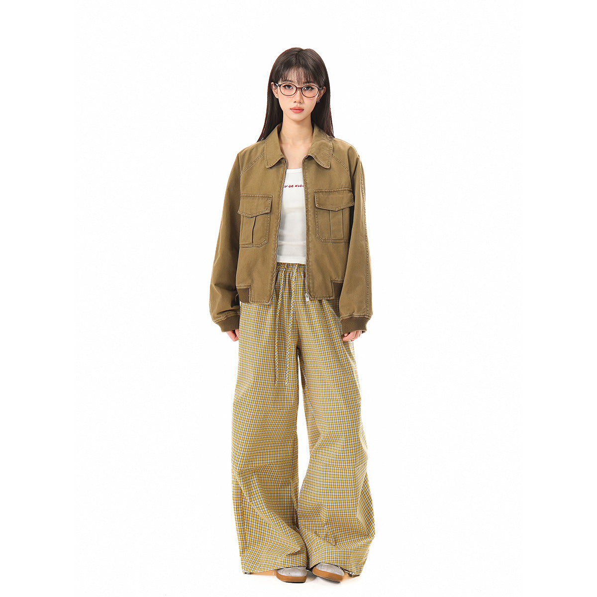Women's cropped boxy bomber jacket made of cotton blend with flap pockets and full-length zipper EVA-US