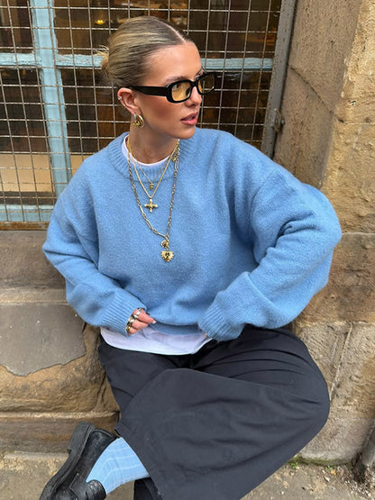 Women Fluffy Boxy Knit Sweater made of Alpaca Blend with Wide Round Neck EVA-US
