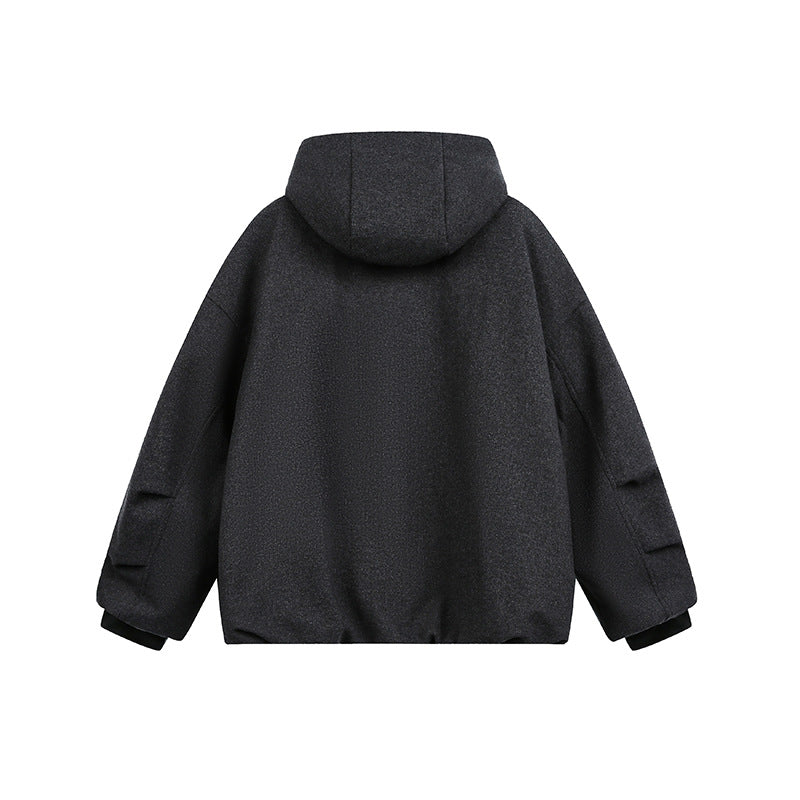 Men's Loose-Fitting Padded Wool Blend Hooded Jacket with Zip and Drawstring EVA-US