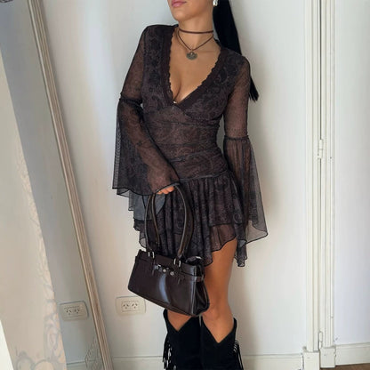 Women's Transparent Lace Mini Dress with Deep V-Neck, Ruffled Skirt & Bell Sleeves EVA-US