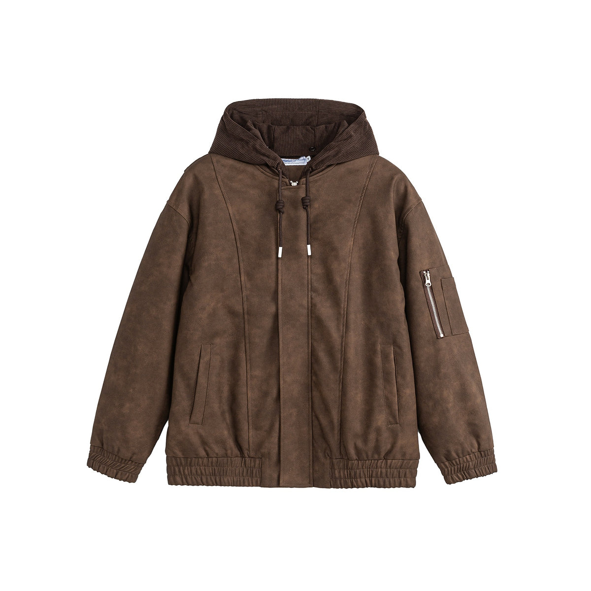 Unisex Boxy-padded Hooded Bomber Jacket with Velour Look, Cord Collar and Sleeve Zipper EVA-US