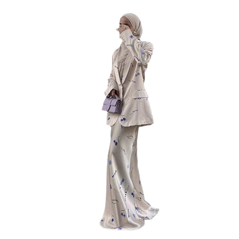 Women's Two-Piece Satin Suit with Floral Maxi Skirt and Oversized Blazer EVA-US