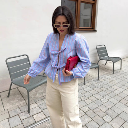 Ladies Striped Tied Blouse with Bow Front, V-Neck & Balloon Sleeves EVA-US