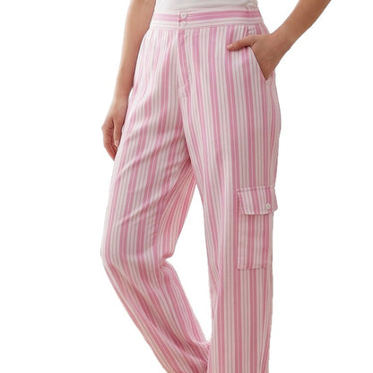 Women's Striped Cargo Lounge Pants with High Waist, Elastic Ankle Cuffs and Flap Pockets EVA-US