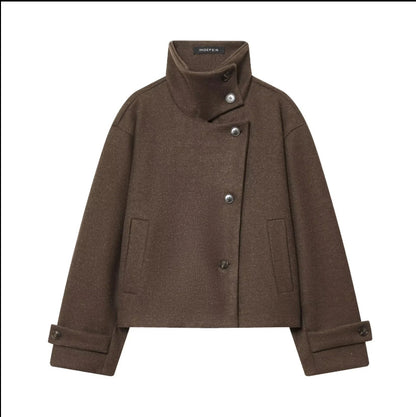 Women's Cropped Wool Blend Short Jacket with High Stand Collar, Asymmetric Button Placket and Cuffed Sleeves EVA-US